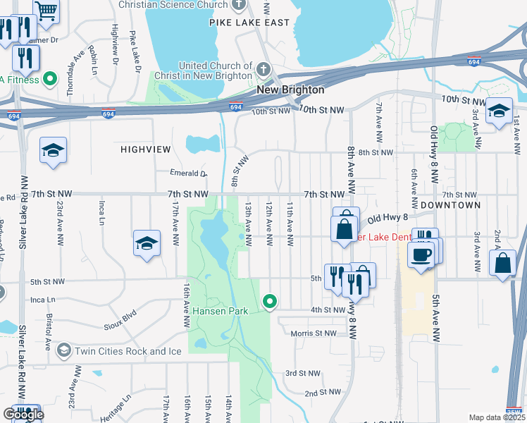 map of restaurants, bars, coffee shops, grocery stores, and more near 629 13th Avenue Northwest in New Brighton