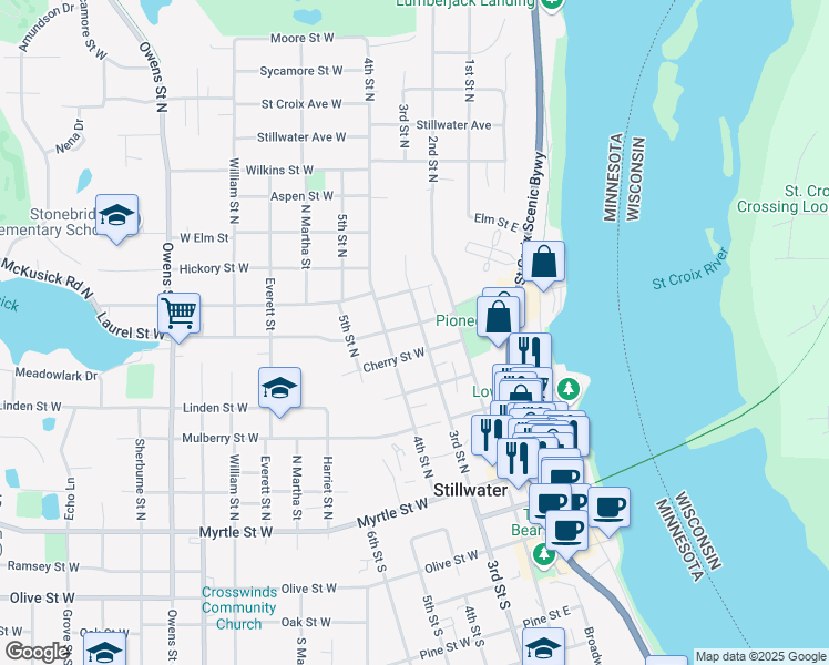 map of restaurants, bars, coffee shops, grocery stores, and more near 510 3rd Street North in Stillwater