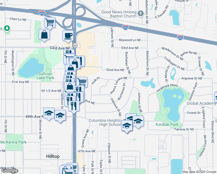 map of restaurants, bars, coffee shops, grocery stores, and more near 5045 Mulcare Drive in Minneapolis