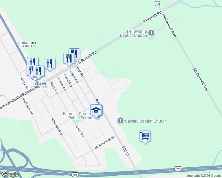 map of restaurants, bars, coffee shops, grocery stores, and more near 3108 Mauricy Street in Cornwall
