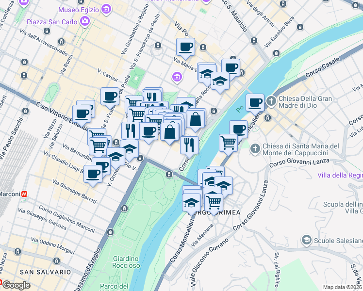 map of restaurants, bars, coffee shops, grocery stores, and more near 24 Via della Rocca in Torino