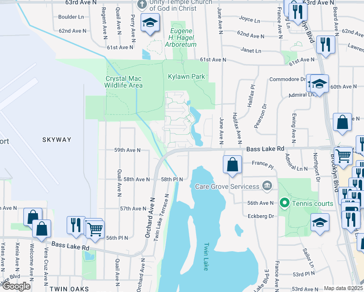 map of restaurants, bars, coffee shops, grocery stores, and more near 4450 58th Avenue North in Brooklyn Center