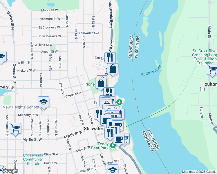 map of restaurants, bars, coffee shops, grocery stores, and more near 459 Main Street North in Stillwater