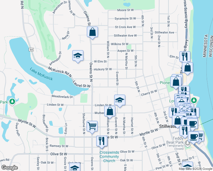 map of restaurants, bars, coffee shops, grocery stores, and more near 601 Laurel Street West in Stillwater
