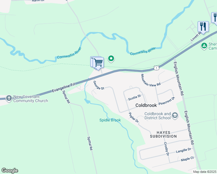 map of restaurants, bars, coffee shops, grocery stores, and more near George Street in Coldbrook