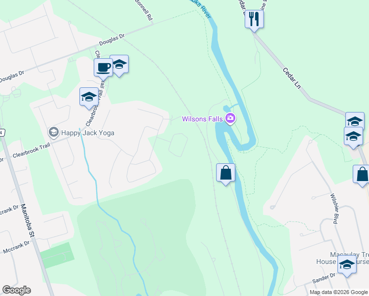 map of restaurants, bars, coffee shops, grocery stores, and more near Dyer Crescent in Bracebridge