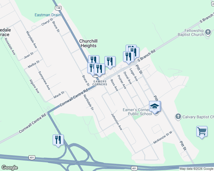 map of restaurants, bars, coffee shops, grocery stores, and more near 3331 Cadeb Avenue in Cornwall