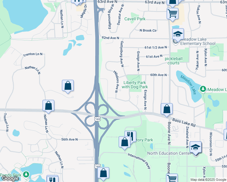 map of restaurants, bars, coffee shops, grocery stores, and more near 5900 Independence Avenue North in Minneapolis