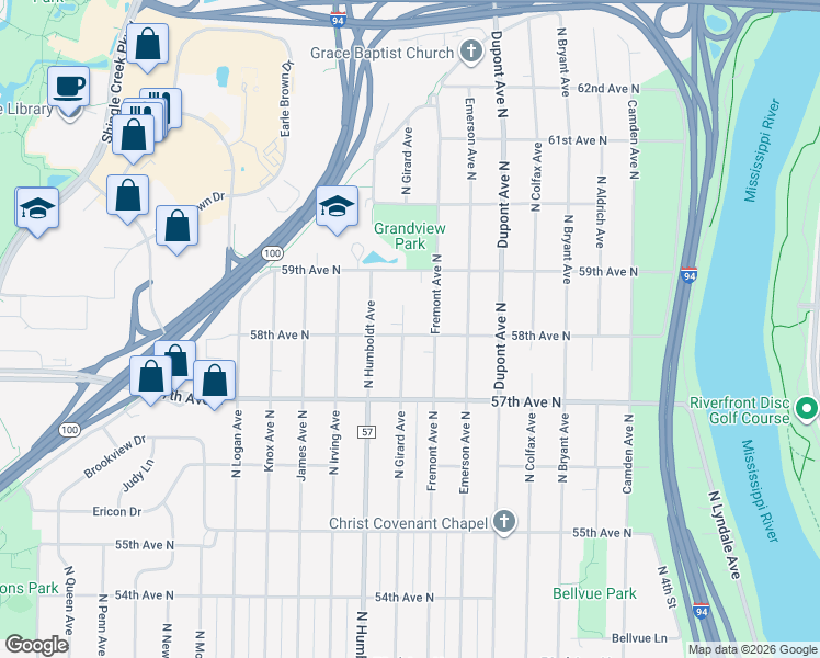 map of restaurants, bars, coffee shops, grocery stores, and more near 5743 Fremont Avenue North in Minneapolis
