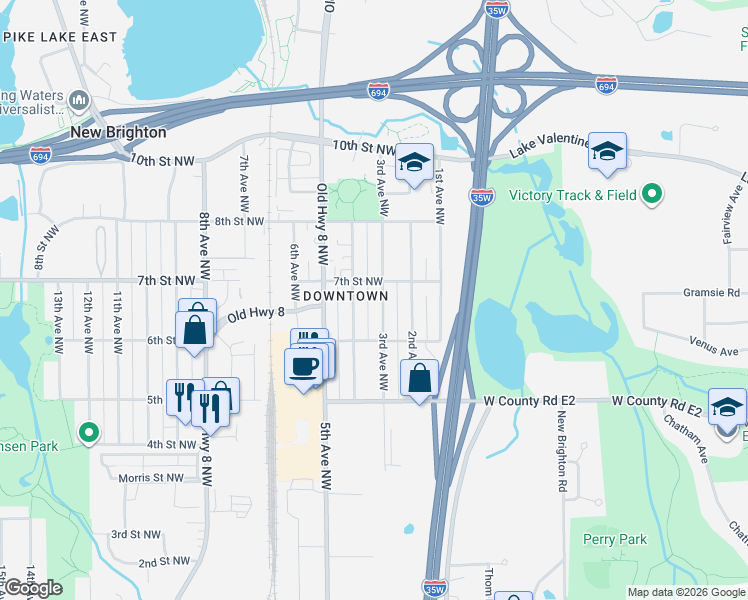 map of restaurants, bars, coffee shops, grocery stores, and more near 645 3rd Avenue Northwest in New Brighton