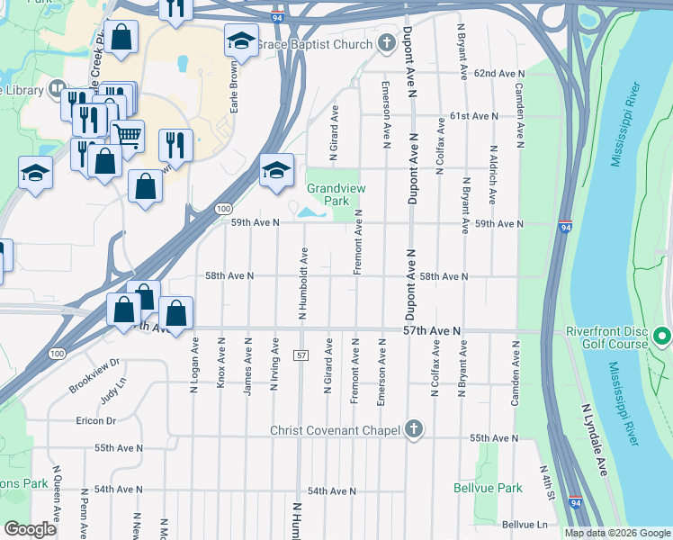 map of restaurants, bars, coffee shops, grocery stores, and more near 5743 Fremont Avenue North in Minneapolis