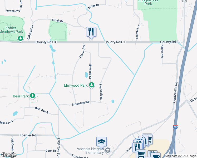 map of restaurants, bars, coffee shops, grocery stores, and more near 3923 Stockdale Drive in Vadnais Heights