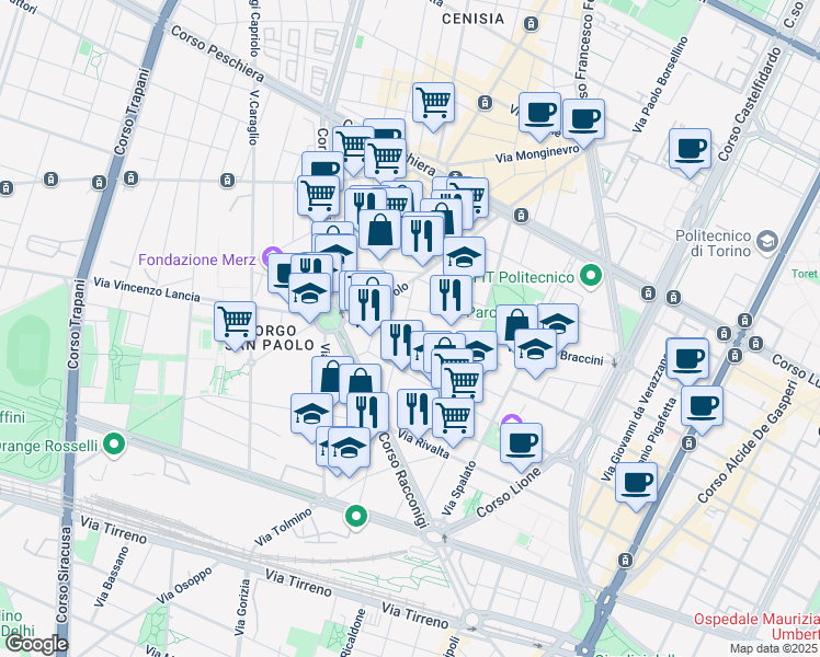 map of restaurants, bars, coffee shops, grocery stores, and more near 75 Via Paolo Braccini in Turin