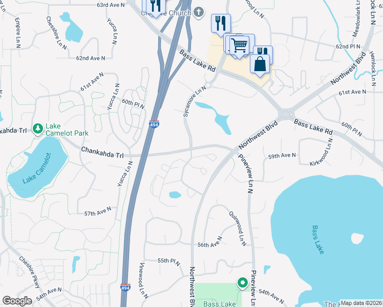 map of restaurants, bars, coffee shops, grocery stores, and more near 5855 Teakwood Lane North in Plymouth