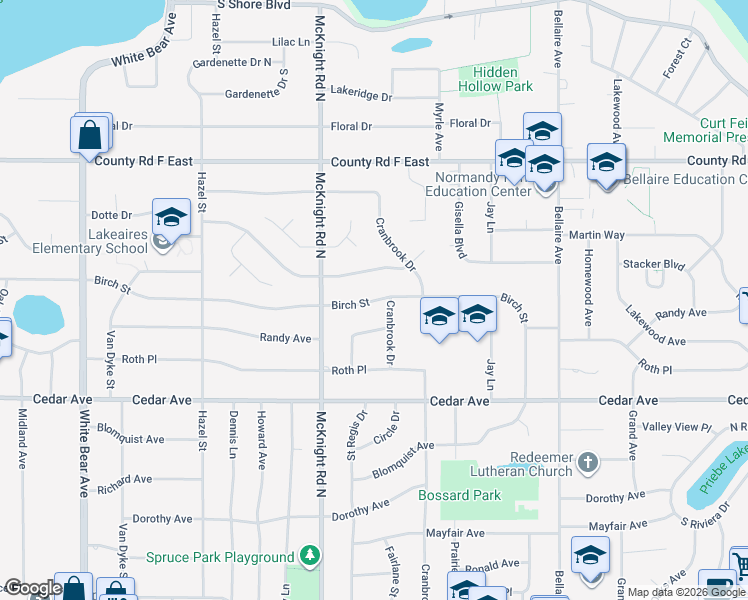 map of restaurants, bars, coffee shops, grocery stores, and more near 2306 Birch Street in White Bear Lake