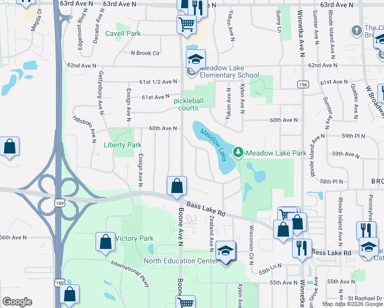 map of restaurants, bars, coffee shops, grocery stores, and more near 5828 Boone Avenue North in Minneapolis