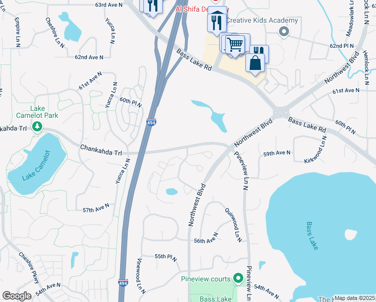 map of restaurants, bars, coffee shops, grocery stores, and more near 5855 Teakwood Lane North in Plymouth