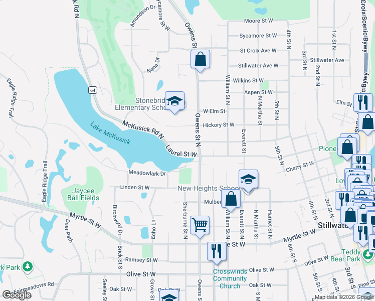 map of restaurants, bars, coffee shops, grocery stores, and more near 1104 Meadowlark Drive in Stillwater
