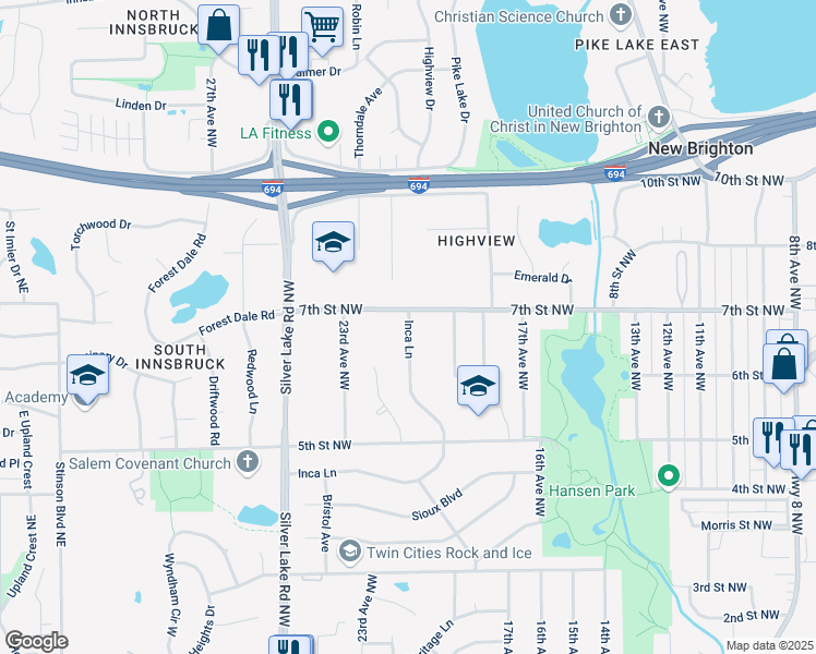 map of restaurants, bars, coffee shops, grocery stores, and more near 669 Inca Lane in New Brighton