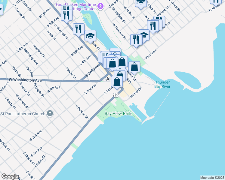 map of restaurants, bars, coffee shops, grocery stores, and more near 137-161 South State Avenue in Alpena