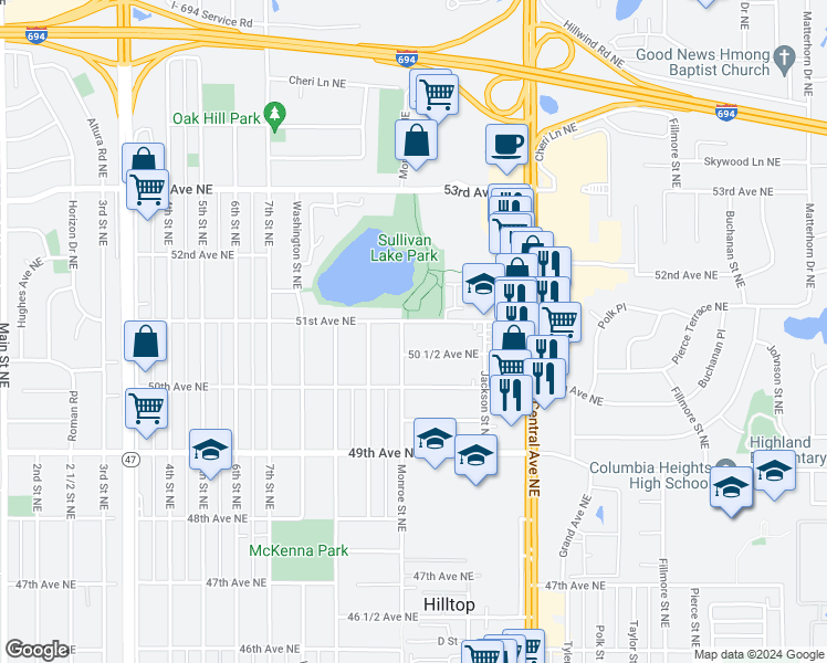 map of restaurants, bars, coffee shops, grocery stores, and more near 715 50 1/2 Avenue Northeast in Columbia Heights