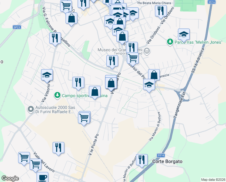 map of restaurants, bars, coffee shops, grocery stores, and more near 16 Via Viernheim in Provincia di Rovigo