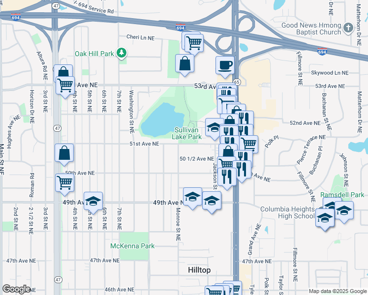 map of restaurants, bars, coffee shops, grocery stores, and more near 715 50 1/2 Avenue Northeast in Columbia Heights