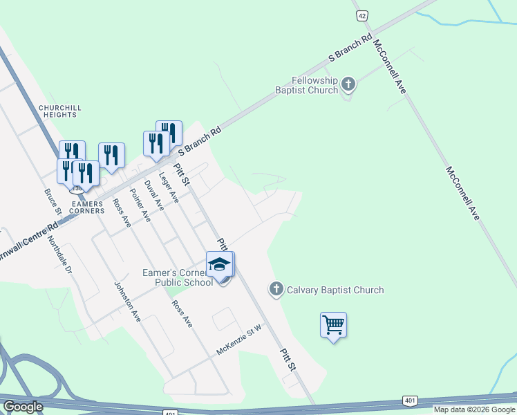 map of restaurants, bars, coffee shops, grocery stores, and more near 46 Mercier Avenue East in Cornwall