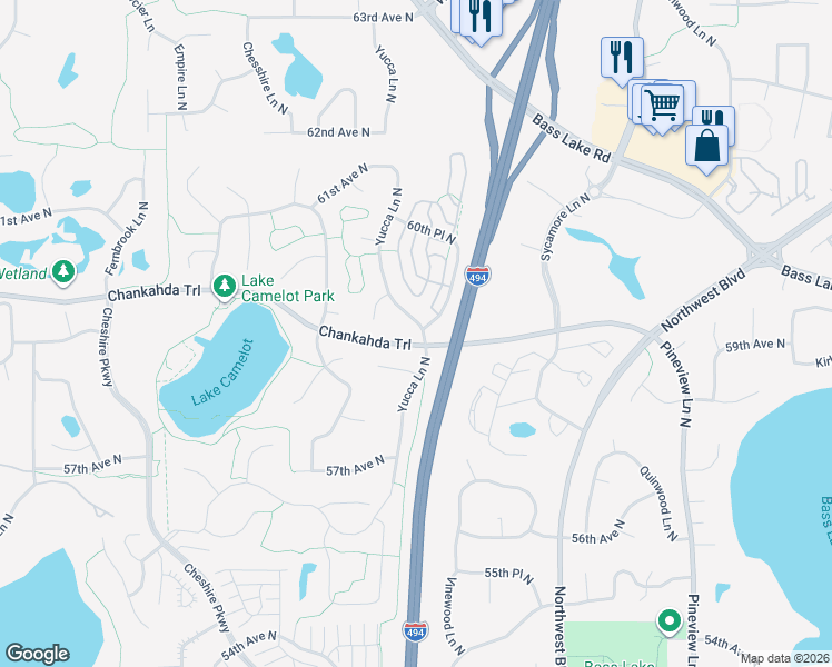 map of restaurants, bars, coffee shops, grocery stores, and more near 5905 Yucca Lane North in Plymouth