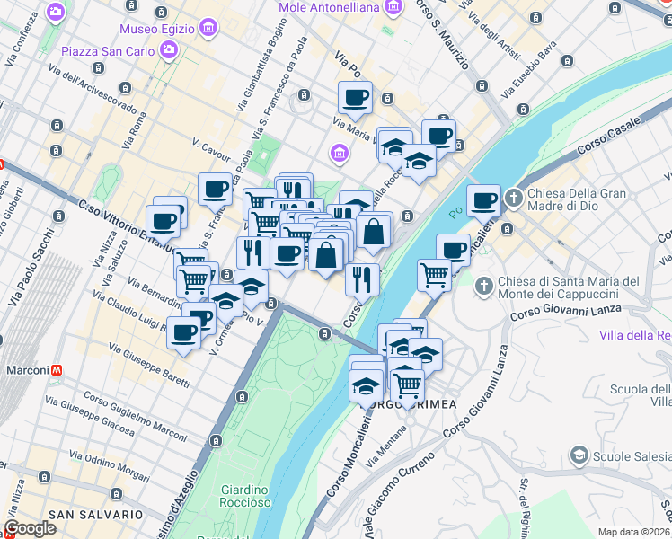 map of restaurants, bars, coffee shops, grocery stores, and more near 24 Via della Rocca in Torino