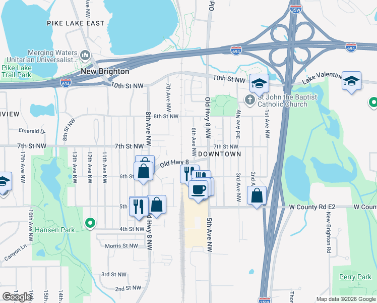 map of restaurants, bars, coffee shops, grocery stores, and more near 85969 Old Highway 8 in New Brighton