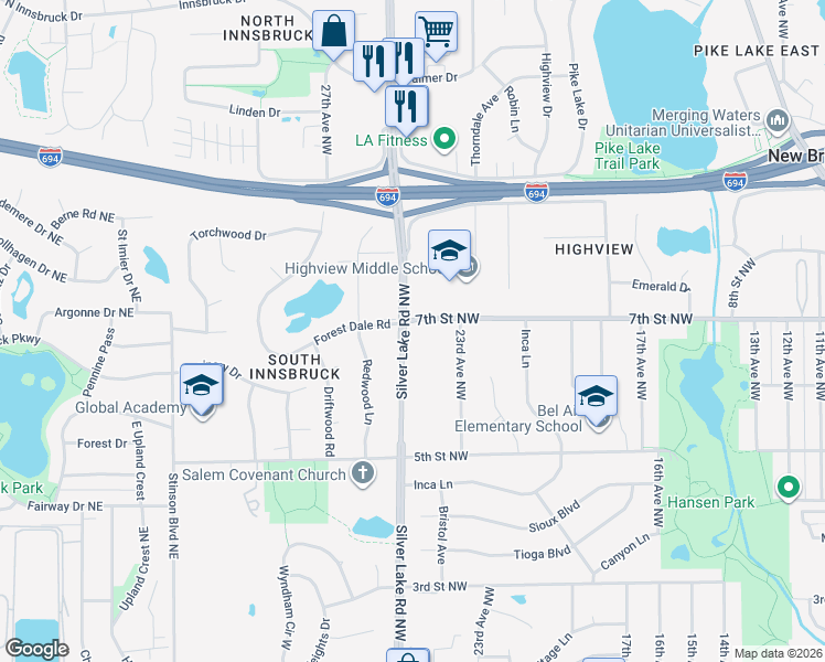 map of restaurants, bars, coffee shops, grocery stores, and more near 621 Silver Lake Road Northwest in Saint Paul