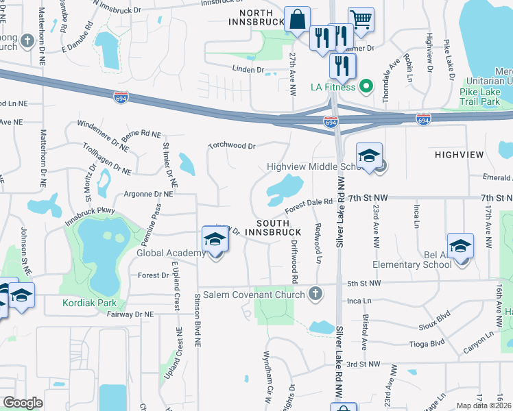 map of restaurants, bars, coffee shops, grocery stores, and more near 2857 Forest Dale Road in New Brighton