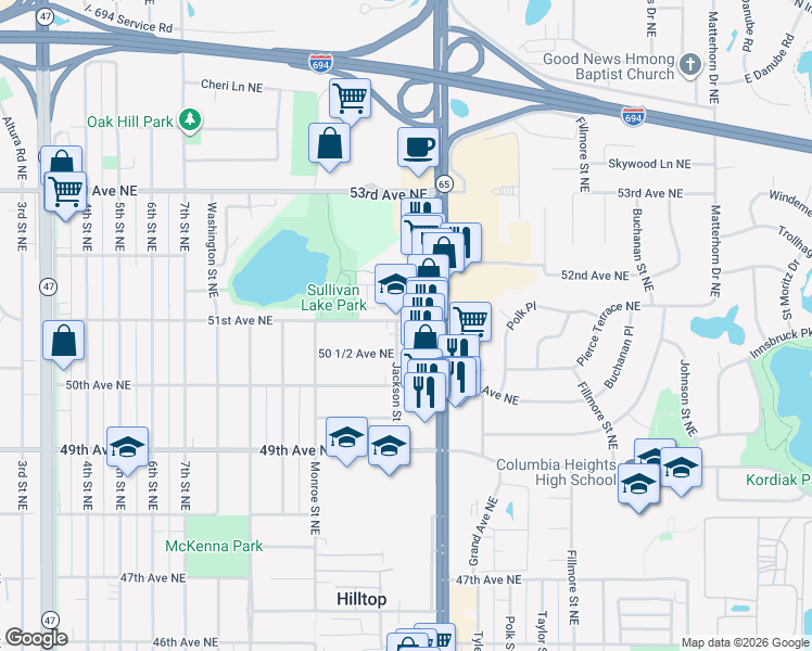 map of restaurants, bars, coffee shops, grocery stores, and more near 5031 Jackson Street Northeast in Minneapolis