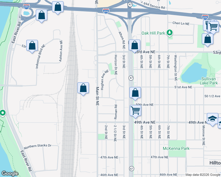 map of restaurants, bars, coffee shops, grocery stores, and more near 5060 Topper Lane Northeast in Fridley