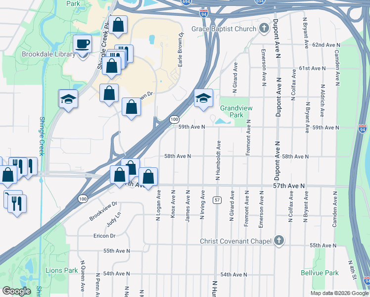 map of restaurants, bars, coffee shops, grocery stores, and more near 5733 James Avenue North in Minneapolis