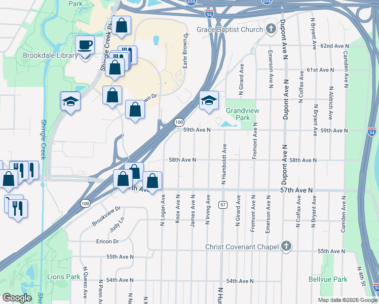 map of restaurants, bars, coffee shops, grocery stores, and more near 5733 James Avenue North in Minneapolis