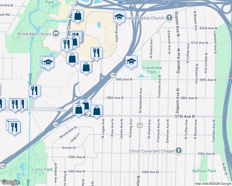 map of restaurants, bars, coffee shops, grocery stores, and more near 5733 Knox Avenue North in Minneapolis