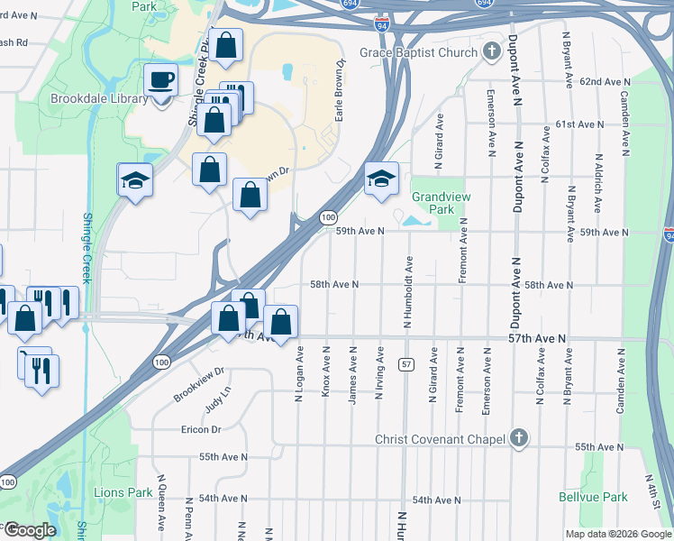 map of restaurants, bars, coffee shops, grocery stores, and more near 5733 Knox Avenue North in Minneapolis