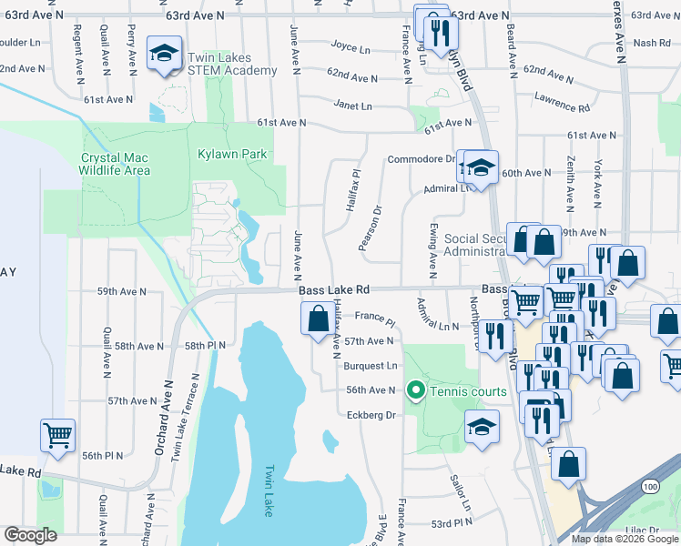 map of restaurants, bars, coffee shops, grocery stores, and more near 5737 Halifax Avenue North in Minneapolis
