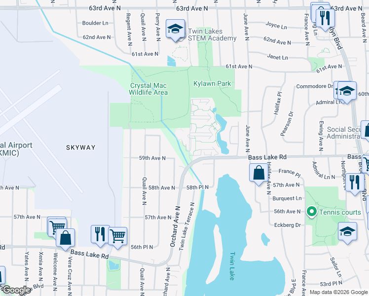 map of restaurants, bars, coffee shops, grocery stores, and more near 5856 Orchard Avenue North in Minneapolis
