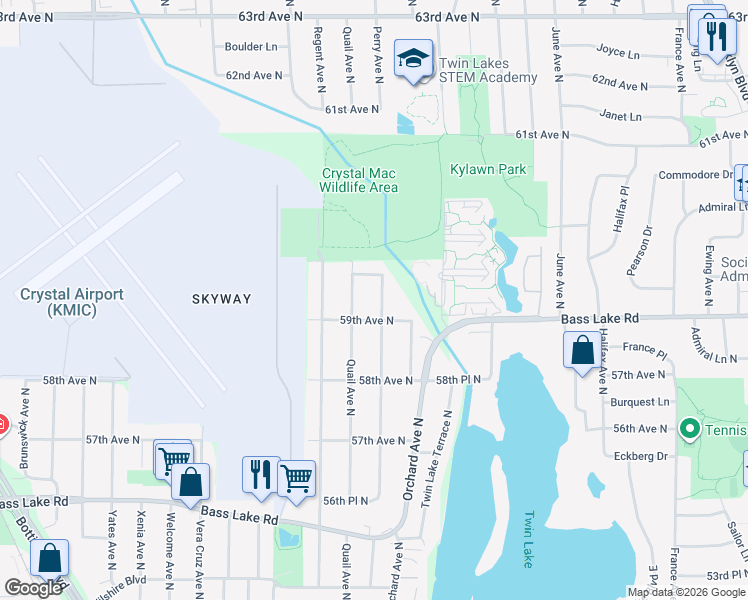map of restaurants, bars, coffee shops, grocery stores, and more near 5856 Perry Avenue North in Minneapolis