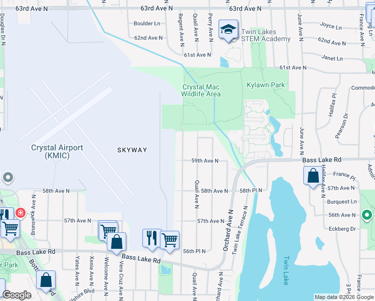 map of restaurants, bars, coffee shops, grocery stores, and more near 5857 Regent Avenue North in Minneapolis