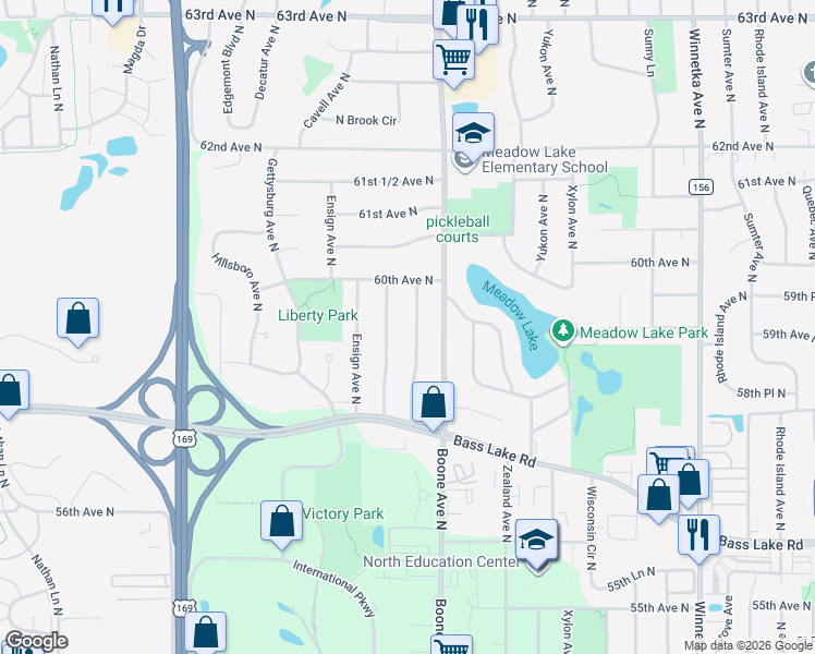 map of restaurants, bars, coffee shops, grocery stores, and more near 5856 Cavell Avenue North in Minneapolis