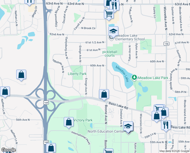 map of restaurants, bars, coffee shops, grocery stores, and more near 5849 Decatur Avenue North in Minneapolis