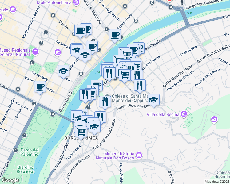 map of restaurants, bars, coffee shops, grocery stores, and more near 9 Via Vittorio Amedeo Gioanetti in Turin