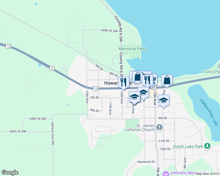 map of restaurants, bars, coffee shops, grocery stores, and more near 505 11th Ave in Howard Lake