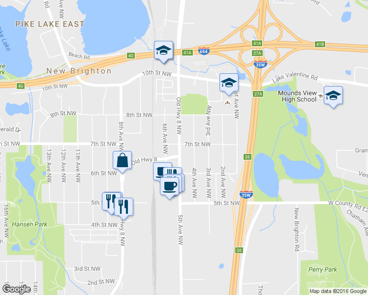 map of restaurants, bars, coffee shops, grocery stores, and more near 736 4th Avenue Northwest in New Brighton