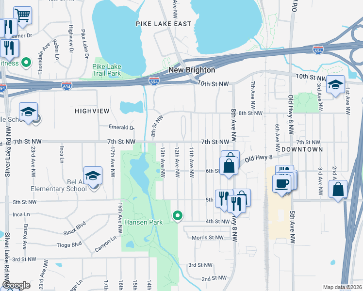 map of restaurants, bars, coffee shops, grocery stores, and more near 1150 7th Street Northwest in New Brighton