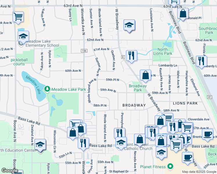 map of restaurants, bars, coffee shops, grocery stores, and more near 7625 59th Place North in Minneapolis